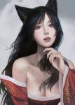  1girl 2020 ahri animal_ears artist_name bare_shoulders black_hair breasts cleavage collarbone dated detached_sleeves fingernails fox_ears grey_background hand_up jiayue_wu league_of_legends lips lipstick long_fingernails long_hair looking_at_viewer makeup mascara nail_polish nose pale_skin parted_lips realistic red_lips red_nails signature solo strapless upper_body wide_sleeves 