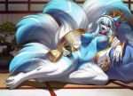  2020 4_toes 5_fingers anthro areola breasts canid canine detailed_background digital_media_(artwork) female fingers fox kuroame mammal multi_tail nipples red_eyes solo toes 