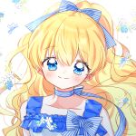  1girl aruhi_ohimesama_ni_natteshimatta_ken_ni_tsuite athanasia_de_alger_obelia bangs blonde_hair blue_bow blue_eyes blue_flower blue_frills blush bow check_copyright dress eyebrows_visible_through_hair flower frills hair_bow long_hair looking_at_viewer sleeveless sleeveless_dress smile solo striped striped_bow upper_body white_dress white_flower yalmyu yellow_flower 