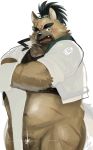  2020 anthro balls belly blush canid canine canis clothing cute_fangs domestic_dog genitals hi_res kita_9999 male mammal navel overweight overweight_male penis scar shirt simple_background small_penis solo tokyo_afterschool_summoners topwear video_games yasuyori 