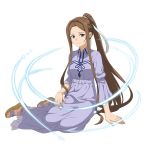  1girl arm_support brown_hair closed_mouth dress earrings full_body grey_dress hair_intakes hair_ribbon high_ponytail highres jewelry long_dress long_hair long_sleeves official_art purple_eyes ribbon sitting smile solo sortiliena_serlut sword_art_online transparent_background very_long_hair white_ribbon 