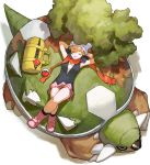  1girl arms_behind_head arms_up bag closed_eyes closed_mouth highres hikari_(pokemon) ligton1225 lying moss on_back pink_footwear poke_ball pokemon pokemon_(game) red_scarf scarf smile torterra tree yellow_bag 