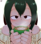  1girl :&gt; aran_sweater asui_tsuyu bare_shoulders black_eyes boku_no_hero_academia cappuccino_(drink) close-up coffee coffee_mug commentary cross-eyed cup english_commentary green_hair highres latte_art long_hair mug off-shoulder_sweater off_shoulder randomboobguy solo sweater white_background 
