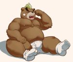  2020 anthro ashigara belly brown_body brown_fur bulge clothing eyes_closed fur hi_res humanoid_hands kemono male mammal moobs navel nipples overweight overweight_male sitting solo tokyo_afterschool_summoners underwear ursid video_games 柴虎良 