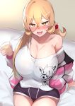  1girl bare_shoulders blonde_hair blush breasts brown_eyes cleavage collarbone commentary_request drunk fang highres huge_breasts jacket long_hair looking_at_viewer nijisanji nuezou nui_sociere orange_eyes raised_eyebrows red_scrunchie scrunchie short_shorts shorts smile solo thighs 
