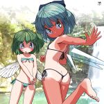  2girls artist_name bare_arms bare_shoulders barefoot bikini blue_bow blue_eyes blue_hair blush bow cirno collarbone daiyousei flat_chest green_eyes green_hair hair_between_eyes hair_bow hands_together highres huxiao_(mistlakefront) ice ice_wings leg_up looking_back multiple_girls open_mouth ponytail short_hair swimsuit tan tanline touhou water waterfall wings yellow_bow 