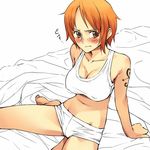 bed blush boyshorts breasts brown_eyes covered_nipples large_breasts midriff mosha nami_(one_piece) one_piece orange_hair short_hair solo tattoo work_in_progress 