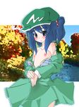  blue_eyes blue_hair blush bra bra_pull breast_padding dress dress_pull flat_chest hair_bobbles hair_ornament hat jacket kawashiro_nitori lingerie naik nipples open_clothes open_jacket solo striped striped_bra topless touhou twintails two_side_up underwear undressing 