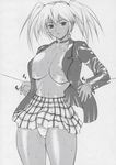  areolae arms_at_sides bangs blazer bound bound_wrists breasts buttons center_opening choker collarbone cowboy_shot dark_skin earrings greyscale groin hair_between_eyes highres ikkitousen jacket jewelry kinokonoko large_areolae large_breasts light_smile lips long_sleeves looking_at_viewer magatama magatama_earrings microskirt monochrome nipple_slip nipples no_bra non-web_source open_clothes open_jacket panties parted_bangs parted_lips plaid plaid_skirt pleated_skirt pocket restrained ryofu_housen scan scan_artifacts short_hair short_twintails simple_background skirt smile solo standing sweat thighs twintails underwear wire 