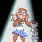  1:1 2018 anthro blue_eyes bottomwear brown_body brown_fur clothed clothing cosplay crossover crossover_cosplay disney duo fully_clothed fur grey_body grey_fur hands_in_pockets hi_res judy_hopps kill_la_kill lagomorph leporid looking_at_another mammal open_mouth pockets purple_eyes rabbit ryūko_matoi skirt smile spotlight studio_trigger theblueberrycarrots zootopia 
