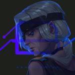  1girl ana_(overwatch) blue_eyes choker cyberpunk cyberpunk_2077 cyborg dark_skin eye_of_horus eyepatch facial_tattoo grey_hair hair_over_shoulder half-closed_eyes headband highres lips long_hair low_ponytail old_woman one-eyed overwatch portrait solo squidsmith tattoo 