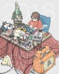  1girl 2018 absurdres adidas amplifier animal brown_hair cable coffee coffee_mug commentary cup dog effects_pedal english_text famicom game_boy game_console grey_background handheld_game_console happy_new_year headphones highres instrument inu-hariko jacket kadomatsu kagami_mochi kotatsu long_sleeves looking_down microphone mug music nakamori_kemuri new_year original pop_filter short_hair simple_background sitting synthesizer table track_jacket zaisu 
