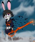  2018 anthro bottomwear clothed clothing cosplay crossover crossover_cosplay disney fully_clothed fur grey_body grey_fur hi_res holding_object holding_weapon judy_hopps kill_la_kill lagomorph leporid mammal melee_weapon outside purple_eyes rabbit ryūko_matoi skirt solo standing studio_trigger sword theblueberrycarrots weapon zootopia 