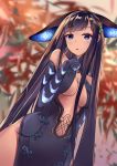  1girl bangs bare_shoulders black_dress black_gloves black_headwear blue_eyes blunt_bangs blurry blurry_background blush breasts center_opening chinese_commentary commentary dress elbow_gloves fate/grand_order fate_(series) gloves hair_ornament highres leaf_hair_ornament long_hair looking_at_viewer medium_breasts open_mouth purple_hair solo very_long_hair xiaozuo_cang yang_guifei_(fate/grand_order) 