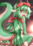  &lt;3 2020 accessory anthro bed black_nose blush bow butt clothed clothing cute_fangs dragon female fur furniture furred_dragon green_ears green_hair hair hair_accessory hi_res horn horokusa0519 inner_ear_fluff kemono kneeling long_hair looking_at_viewer looking_back multicolored_body multicolored_fur on_bed open_mouth panties ribbons slit_pupils solo tongue topless tuft underwear white_body white_fur 