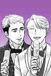  2boys ^_^ blush bow bowtie champagne_flute christophe_giacometti closed_eyes cup drinking_glass facial_hair highres koizumi_riu male_focus monochrome multiple_boys open_mouth purple_background smile tuxedo upper_body viktor_nikiforov yuri!!!_on_ice 