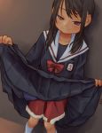  1girl brown_eyes brown_hair commentary lifted_by_self looking_at_viewer original santa_costume school_uniform serafuku shorts shorts_under_skirt skirt skirt_lift smug solo tessaku_ro 