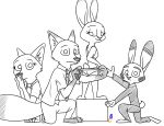  absurd_res ambiguous_gender anthro black_and_white bottomwear canid canine clothed clothing disney female fox fully_clothed group hi_res jack_savage judy_hopps kneeling lagomorph leporid mammal meme monochrome necktie nick_wilde pants rabbit shirt simple_background skye_(zootopia) theblueberrycarrots topwear white_background zootopia 