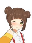  1girl ;| bangs blunt_bangs blush brown_hair cheek_poking double_bun green_eyes idolmaster poking sidelocks simple_background takatsuki_kasumi upper_body white_background 