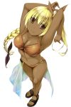  1girl armpits arms_up bangs bikini blonde_hair borrowed_character braid breasts brown_eyes cleavage dark_skin eyebrows_visible_through_hair foreshortening from_above highres kai_yuuki looking_at_viewer medium_breasts one_side_up orange_bikini original ponytail sandals single_braid solo swimsuit white_background 