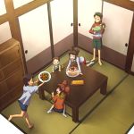  3boys 3girls baby barefoot brown_hair cake chiaki_rakutarou cup denim denim_shorts double_bun family food from_above holding_baby idolmaster indoors leaning_forward mug multiple_boys multiple_girls overalls plate shirt short_twintails shorts sitting t-shirt takatsuki_chousuke takatsuki_kasumi takatsuki_kouji takatsuki_koutarou takatsuki_kouzou takatsuki_yayoi twintails wariza 