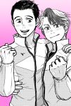  2boys blush clenched_hand fang greyscale hair_slicked_back hand_on_another&#039;s_shoulder highres jacket jewelry katsuki_yuuri koizumi_riu male_focus minami_kenjirou monochrome multiple_boys open_mouth pink_background ring smile track_jacket yuri!!!_on_ice 