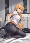  1girl adjusting_clothes adjusting_legwear ahoge alternate_hairstyle artoria_pendragon_(all) ass bangs black_legwear blonde_hair blue_ribbon blue_skirt breasts brilliant_naraku eyebrows_visible_through_hair fate/grand_order fate/stay_night fate_(series) full_body green_eyes hair_between_eyes hair_ribbon highres long_hair looking_at_viewer medium_breasts necktie on_bed panties pantyhose ribbon saber school_uniform seiza shirt short_sleeves sidelocks sitting sitting_on_bed skirt skirt_removed smile solo underwear white_panties 