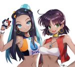  ankkoyom bandeau bare_shoulders blue_eyes blue_hair bob_cut breasts cleavage commentary_request dark_skin earrings fushigi_no_umi_no_nadia gloves green_eyes gym_leader hair_ornament hairclip highres hoop_earrings jewelry long_hair looking_at_viewer midriff multicolored_hair multiple_girls nadia navel neck_ring necklace open_mouth poke_ball pokemon pokemon_(game) pokemon_swsh purple_hair rurina_(pokemon) short_hair simple_background smile strapless tubetop vest white_background 