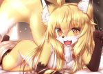  2020 5_fingers anthro bed bed_sheet bedding blonde_hair blush breasts brown_body brown_fur brown_nose canid canine chest_tuft cute_fangs dipstick_ears dipstick_tail female fingers fluffy fluffy_tail fox fur furniture gloves_(marking) hair horokusa0519 inner_ear_fluff kemono leg_markings long_hair looking_at_viewer lying mammal markings multicolored_body multicolored_ears multicolored_fur multicolored_tail nude on_bed on_front open_mouth slit_pupils small_breasts socks_(marking) solo tongue tuft white_body white_fur yellow_body yellow_eyes yellow_fur 