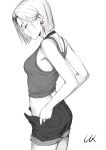  android_18 ass asymmetrical_bangs bangs breasts choker dragon_ball dragon_ball_z earrings flat_ass from_side highres jewelry lolik looking_down medium_breasts monochrome open_fly red_earrings short_hair shorts signature spot_color tank_top undressing 