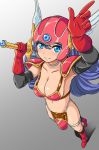  1girl armor bikini_armor blue_eyes blush breasts choker cleavage closed_mouth commentary_request dragon_quest dragon_quest_iii elbow_gloves gloves helmet kayama_kenji large_breasts long_hair looking_at_viewer navel purple_hair red_armor simple_background smile soldier_(dq3) solo sword weapon winged_helmet 
