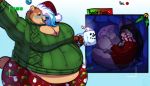  2020 5_fingers absurd_res anthro belly big_belly big_breasts big_tail biped black_claws black_hair blue_background blue_hair blue_nose blue_tongue blush bodily_fluids bottomwear boxgoat breasts brown_bear brown_body brown_fur camera_view canid canine canis cheek_tuft christmas claws cleavage clothed clothing countershade_torso countershading cramped cup cutaway digital_drawing_(artwork) digital_media_(artwork) duo english_text eyebrows facial_piercing facial_tuft fangs female female_pred female_prey fingers fluffy fluffy_tail front_view fur gradient_background green_clothing green_sweater green_text green_topwear grey_body grey_fur hair hair_over_eye half-closed_eyes hat headgear headwear hi_res highlights_(coloring) holding_object holidays holly_(plant) huge_breasts inner_ear_fluff internal larger_female lip_piercing long_hair looking_at_viewer looking_up lying mammal mangoicy_(character) multicolored_body multicolored_fur narrowed_eyes on_back one_eye_closed one_eye_obstructed open_mouth open_smile oral_vore orb overweight overweight_female pants piercing plant recording red_bottomwear red_clothing red_eyes red_pants red_sweater red_topwear santa_hat scarf side_view simple_background size_difference small_tail smaller_female smile soft_vore sound_effects standing stomach stomach_acid story story_in_description sweater tan_body tan_countershading tan_fur teeth text three-quarter_view tongue topwear tuft ursid ursine vore wet white_background white_eyebrows white_hair wolf 