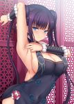  1girl akino_hamo arm_up armpits bangs bare_shoulders black_dress blue_eyes blunt_bangs blush breasts china_dress chinese_clothes cleavage closed_mouth covered_navel detached_sleeves double_bun dress fate/grand_order fate_(series) hair_ornament highres large_breasts long_hair looking_at_viewer purple_hair sideboob sidelocks solo sweat twintails very_long_hair yang_guifei_(fate/grand_order) 