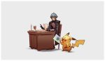  1boy byleth_(fire_emblem) byleth_(fire_emblem)_(male) chair desk fire_emblem fire_emblem:_three_houses gloves green_background green_hair highres looking_at_another male_focus nin_nakajima no_mouth pencil pikachu pokemon pokemon_(creature) simple_background super_smash_bros. 