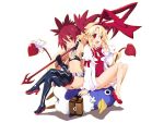  2girls bag blonde_hair boots bow breasts demon_girl demon_tail disgaea earrings etna flonne flonne_(fallen_angel) gloves hair_bow high_heels iwasi-r jewelry long_hair makai_senki_disgaea multiple_girls navel pointy_ears polearm prinny red_eyes red_hair skull_earrings small_breasts spear tail thigh_boots thighhighs weapon 