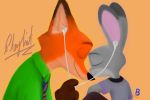  absurd_res ambiguous_gender anthro canid canine clothed clothing disney duo earbuds eyes_closed fox fur grey_body grey_fur headphones hi_res inner_ear_fluff judy_hopps lagomorph leporid mammal necktie nick_wilde orange_body orange_fur rabbit red_fox shirt simple_background smile t-shirt theblueberrycarrots topwear tuft zootopia 