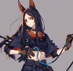  1girl animal_ears arknights black_hair breasts brown_gloves choker commentary dobermann_(arknights) dog_ears gloves grey_background hachizowo highres long_hair medium_breasts midriff mole mole_under_eye red_eyes simple_background solo upper_body whip 