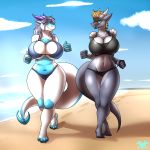  1:1 2020 amber_eyes beach big_breasts bikini breasts cleavage clothed clothing dragon duo female hair hi_res horn jogging melina_(foxyrexy) metalfoxxx purple_eyes reilley sand scalie sea seaside swimwear thick_thighs water wide_hips 