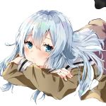  1girl bangs blue_eyes blue_hair blush brown_shirt closed_mouth crossed_arms hair_between_eyes highres itoi_(1_10_1_) long_hair long_sleeves looking_at_viewer lying nijisanji on_stomach sailor_collar school_uniform shirt simple_background solo upper_body virtual_youtuber white_background yukishiro_mahiro 