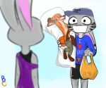  2019 ambiguous_gender anthro bodily_fluids body_pillow bottomwear canid canine clothed clothing disney duo ear_markings facial_markings fox fully_clothed grey_body hat head_markings headgear headwear hi_res holding_object jack_savage judy_hopps lagomorph leporid looking_at_another mammal markings nick_wilde pillow rabbit shirt shorts solo_focus sweat sweatdrop t-shirt theblueberrycarrots topwear zootopia 