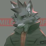  1:1 airpods blue_eyes bust_portrait canid canine canis clothing english_text fur grey_body grey_fur jacket male mammal miles_df portrait solo text topwear wolf 