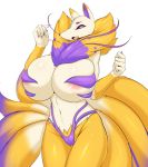  anthro asian_mythology big_breasts breasts canid canine crossgender east_asian_mythology female fox fox_spirit fur genitals hi_res huge_breasts kyubi_(yo-kai_watch) mammal multi_tail mythology pussy simple_background tailzkim video_games yo-kai_watch 