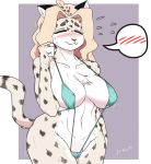  2020 anthro belly big_breasts big_butt blush bodily_fluids bra breasts butt clothed clothing curvy_figure eyebrows eyelashes eyes_closed felid female fingers fur hair hi_res huge_breasts josun leopard looking_at_viewer mammal mature_female mostly_nude navel pantherine simple_background snow_leopard solo speech_bubble spots spotted_body spotted_fur standing sweat thick_thighs underwear voluptuous wide_hips 