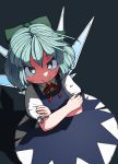  1girl black_background blue_eyes blue_hair blush bow cirno cowboy_shot crossed_arms frilled_sleeves frills green_bow hair_between_eyes huxiao_(mistlakefront) ice ice_wings looking_at_viewer puffy_short_sleeves puffy_sleeves ribbon shadow short_hair short_sleeves smile solo touhou wings 