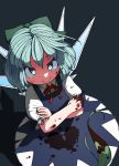  2girls artist_name black_background blood blood_on_face blood_stain bloody_clothes bloody_hands blue_eyes blue_hair blush bow cirno cowboy_shot daiyousei frilled_sleeves frills green_bow green_hair huxiao_(mistlakefront) ice ice_wings looking_at_viewer multiple_girls puffy_short_sleeves puffy_sleeves ribbon shadow short_hair short_sleeves smile touhou wings 