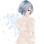  1girl absurdres black_eyes blue_flower blue_hair breasts closed_mouth commentary_request flower hair_over_one_eye highres kirishima_touka large_breasts looking_at_viewer nude short_hair simple_background solo tokyo_ghoul toukaairab white_background 