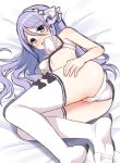  1girl :d ass bangs bare_arms bare_shoulders bed_sheet black_bow blue_eyes blush bow bra breasts commentary_request eyebrows_visible_through_hair hair_between_eyes hair_ribbon hairband hoshino_shizuru long_hair looking_at_viewer lying mauve medium_breasts no_socks on_side open_mouth panties princess_connect! princess_connect!_re:dive purple_hair ribbon smile soles solo thighhighs underwear underwear_only very_long_hair white_bra white_hairband white_legwear white_panties white_ribbon 