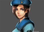  1girl blue_eyes breasts brown_hair closed_mouth commentary_request hat jill_valentine lips looking_at_viewer nagare resident_evil short_hair simple_background smile solo 