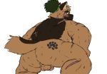  2020 absurd_res anthro balls blush bodily_fluids brown_body brown_fur butt canid canine canis domestic_dog fur genitals hi_res humanoid_penis kemono male mammal overweight overweight_male penis reddo12340 scar simple_background solo sweat tokyo_afterschool_summoners video_games white_background yasuyori 