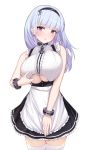  1girl :o apron azur_lane bangs black_hairband black_skirt blunt_bangs blush bracelet breasts center_frills commentary_request cowboy_shot dido_(azur_lane) eyebrows_visible_through_hair fou_zi frilled_skirt frills hairband highres jewelry large_breasts maid mais parted_lips pink_hair shirt silver_hair skirt sleeveless sleeveless_shirt solo suspender_skirt suspenders thighhighs underboob underboob_cutout waist_apron white_apron white_legwear white_shirt zettai_ryouiki 